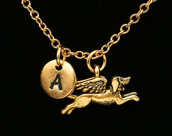 Angel Dog Necklace, Dog Memorial Necklace, Dog with Angel Wings Necklace, Gold Angel Dog Charm, Personalized Monogram, Initial Necklace, G28