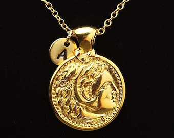 Alexander the Great Necklace, Gold Coin Necklace, Coin Charm Necklace, Alexander The Great Pendant, Personalized Initial Necklace