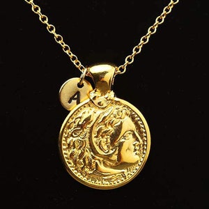 Alexander the Great Necklace, Gold Coin Necklace, Coin Charm Necklace, Alexander The Great Pendant, Personalized Initial Necklace