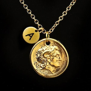 Alexander the Great Necklace, Gold Coin Necklace, Replica Coin Charm Necklace, Personalized Monogram, Initial Necklace