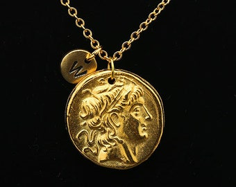 Alexander the Great Necklace, Gold Coin Necklace, Coin Charm Necklace, Alexander The Great Pendant, Personalized Initial Necklace