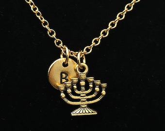 Menorah Necklace, Antique Gold Menorah Necklace, Hanukkah Charm Necklace, Jewish Charm, Personalized Monogram, Initial Necklace