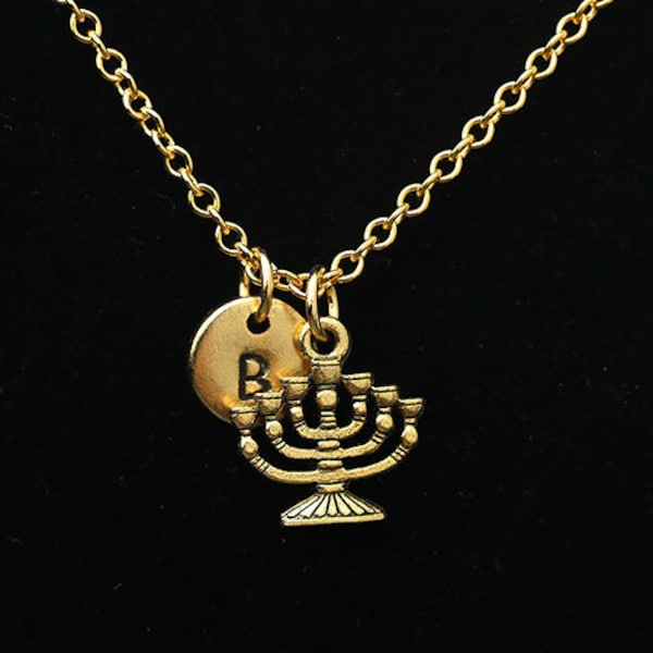 Menorah Necklace, Antique Gold Menorah Necklace, Hanukkah Charm Necklace, Jewish Charm, Personalized Monogram, Initial Necklace