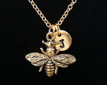 Queen Bee With Crown Necklace, Queen Bee Jewelry, Antique Gold Queen Bee, Personalized Monogram Necklace