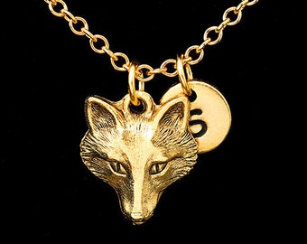 Fox Head Necklace, Golden Fox Necklace, Gold Fox Charm, Animal Jewelry, Personalized Monogram, Initial Necklace