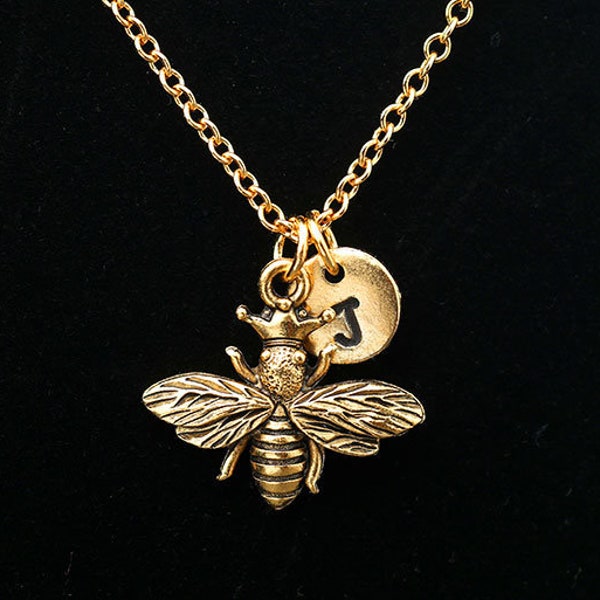 Queen Bee With Crown Necklace, Queen Bee Jewelry, Antique Gold Queen Bee, Personalized Monogram Necklace