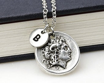 Alexander the Great Necklace, Silver Coin Necklace, Coin Pendant Necklace, Alexander The Great Pendant, Personalized Initial Necklace