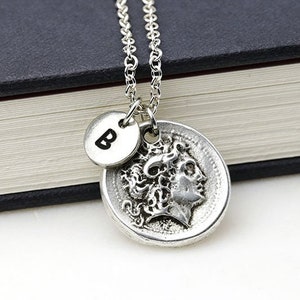 Alexander the Great Necklace, Silver Coin Necklace, Coin Pendant Necklace, Alexander The Great Pendant, Personalized Initial Necklace