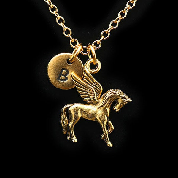 Gold Pegasus Charm Necklace, Mythical Flying Horse Charm Necklace, Pegasus Jewelry, Magical Horse Necklace, Personalized Monogram, Initial