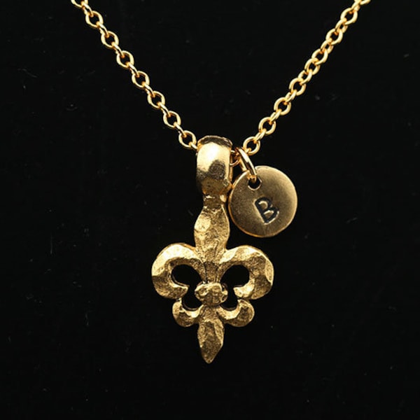 Fleur De Lis Necklace, Antique Gold Fleur De Lis Necklace, Hammered Fleur De Lys Pendant, French Necklace, Personalized Initial Necklace