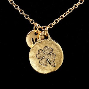 Shamrock Necklace, Antique Gold Shamrock, Irish, Four Leaf Clover Necklace, Lucky Necklace, Personalized Monogram, Initial Necklace