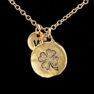 Shamrock Necklace, Antique Gold Shamrock, Irish, Four Leaf Clover Necklace, Lucky Necklace, Personalized Monogram, Initial Necklace