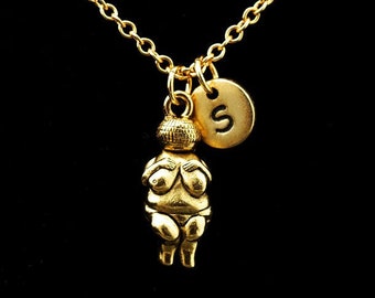 Venus of Willendorf Necklace, Gold Venus Necklace, Woman of Willendorf, Fertility Goddess, Personalized Monogram, Initial Necklace