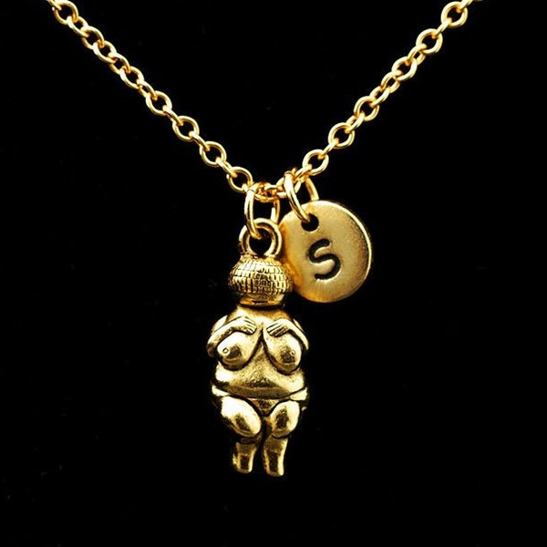 Venus of Willendorf Necklace, Gold Venus Necklace, Woman of Willendorf, Fertility Goddess, Personalized Monogram, Initial Necklace