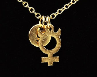 Planet Mercury Necklace, Gold Mercury Symbol Necklace, Mercury Astrological Symbol Charm Necklace, Personalized Monogram, Initial Necklace