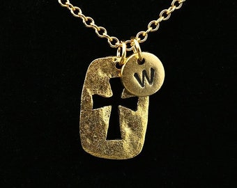 Ancient Cross Necklace, Antique Gold Cross Pendant, Hammered Cross, Christian Necklace, Christian Jewelry, Personalized Initial Necklace