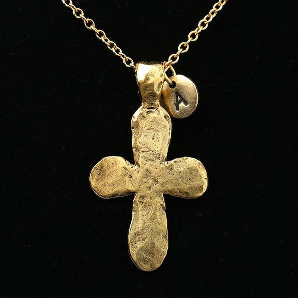 Large Hammered Cross Necklace, Antique Gold Cross Pendant, Ancient Cross Necklace, Christian Necklace, Personalized Initial Necklace