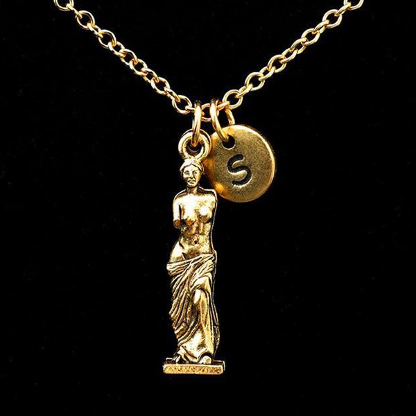 Gold Venus Necklace, Gold Venus De Milo Necklace, Aphrodite Statue Necklace, Venus de Milo Statue, Personalized Monogram Necklace