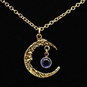 Crescent Moon Necklace, Gold Moon Necklace, Moon and Birthstone Necklace, Celestial Necklace, Celestial Jewelry, Personalized Necklace