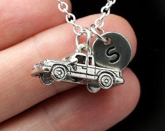Zilveren pick-uptruckketting, auto-, auto-sieraden, gepersonaliseerd monogram, handgestempelde eerste ketting, klaar om te geven, S04