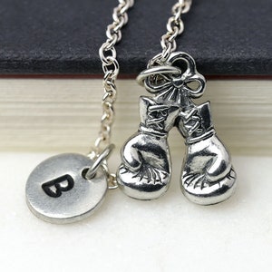 Silver Pair of Boxing Gloves Necklace, MMA Necklace, Boxing Fan Gift, Initial Charm, Personalized Monogram Jewelry, Ready To Give