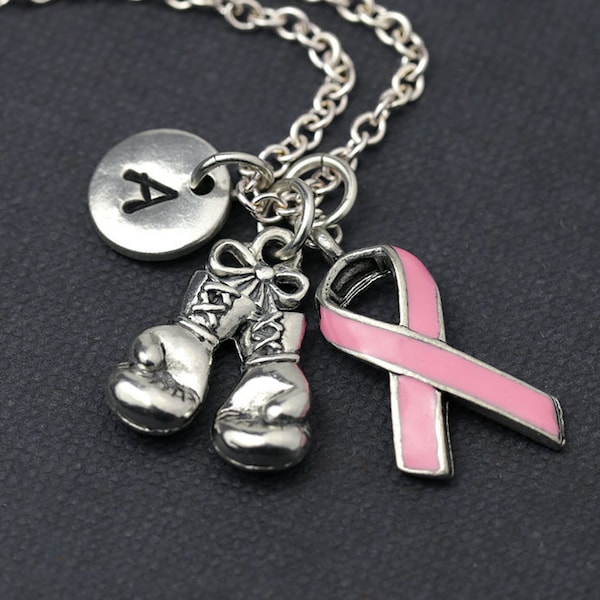 Silver Breast Cancer Survivor Necklace, Awareness Gift, Cancer Fighter, Warrior Necklace, Pink Ribbon, Boxing Gloves, Initial Charm Necklace