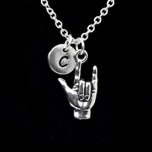 I Love You Hand Sign Necklace, American Sign Language I Love You Necklace, Personalized Monogram, Initial Necklace, Ready To Give