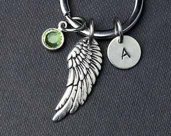 Silver Angel Wing Keychain, Keyring, Guardian Angel, Safe Travel, Good Luck Keychain, Hand Stamped, Monogram Keychain, Personalized Gift