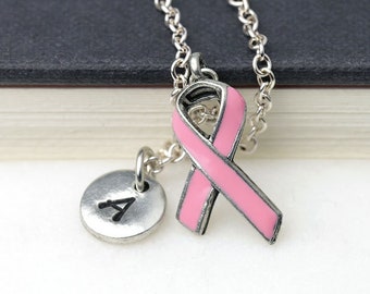 Silber Brustkrebs Bewusstsein Halskette, Krebs Überlebend Geschenk, Krebs Kämpfer, Krieger Halskette, Rosa Band, erste Charme Halskette