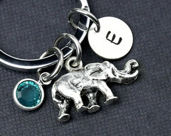 Elephant Keychain With Birthstone, Personalized Elephant Key Ring, Elephant Charm, Initial Charm Keychain, Monogram Keychain