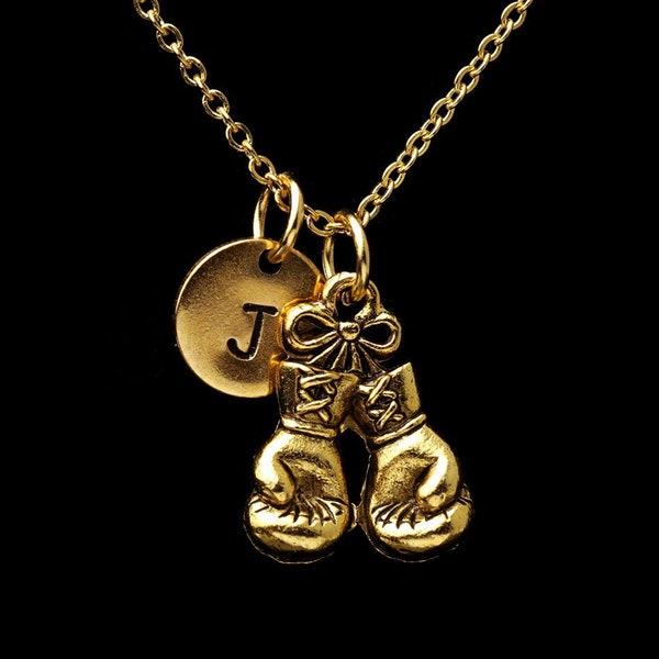 Gold Pair of Boxing Gloves Necklace, Fighter Necklace, Boxing Fan Gift, Boxing Jewelry, Personalized Initial Charm, Ready To Give