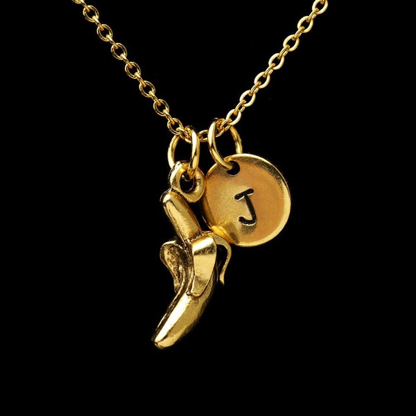 Small Gold Banana Necklace, Fruit Necklace, Jewelry, Peeled Banana Pendant, Personalized Monogram, Initial Necklace, Ready To Give