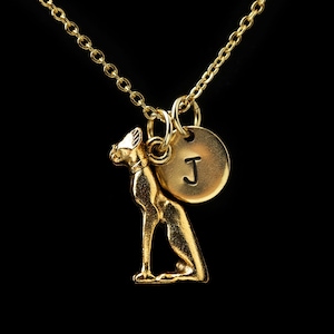 Egyptian Cat Necklace, Gold Siamese Cat Necklace, Ancient Cat, Egyptian Jewelry, Cat Lover Gift, Personalized Monogram, Initial Necklace