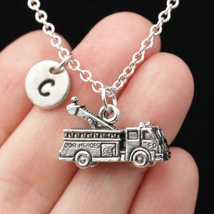 Fire Truck Necklace, Silver Fire Engine Necklace, Fireman, Firefighter Jewelry, Personalized Monogram, Initial Necklace, Ready To Give