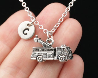 Fire Truck Necklace, Silver Fire Engine Necklace, Fireman, Firefighter Jewelry, Personalized Monogram, Initial Necklace, Ready To Give