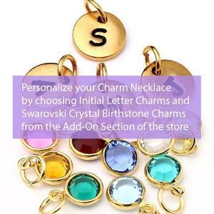 May include: Gold charm necklace with initial letter and crystal birthstone charms. Personalize your charm necklace by choosing initial letter charms and Swarovski crystal birthstone charms from the Add-On Section of the store.