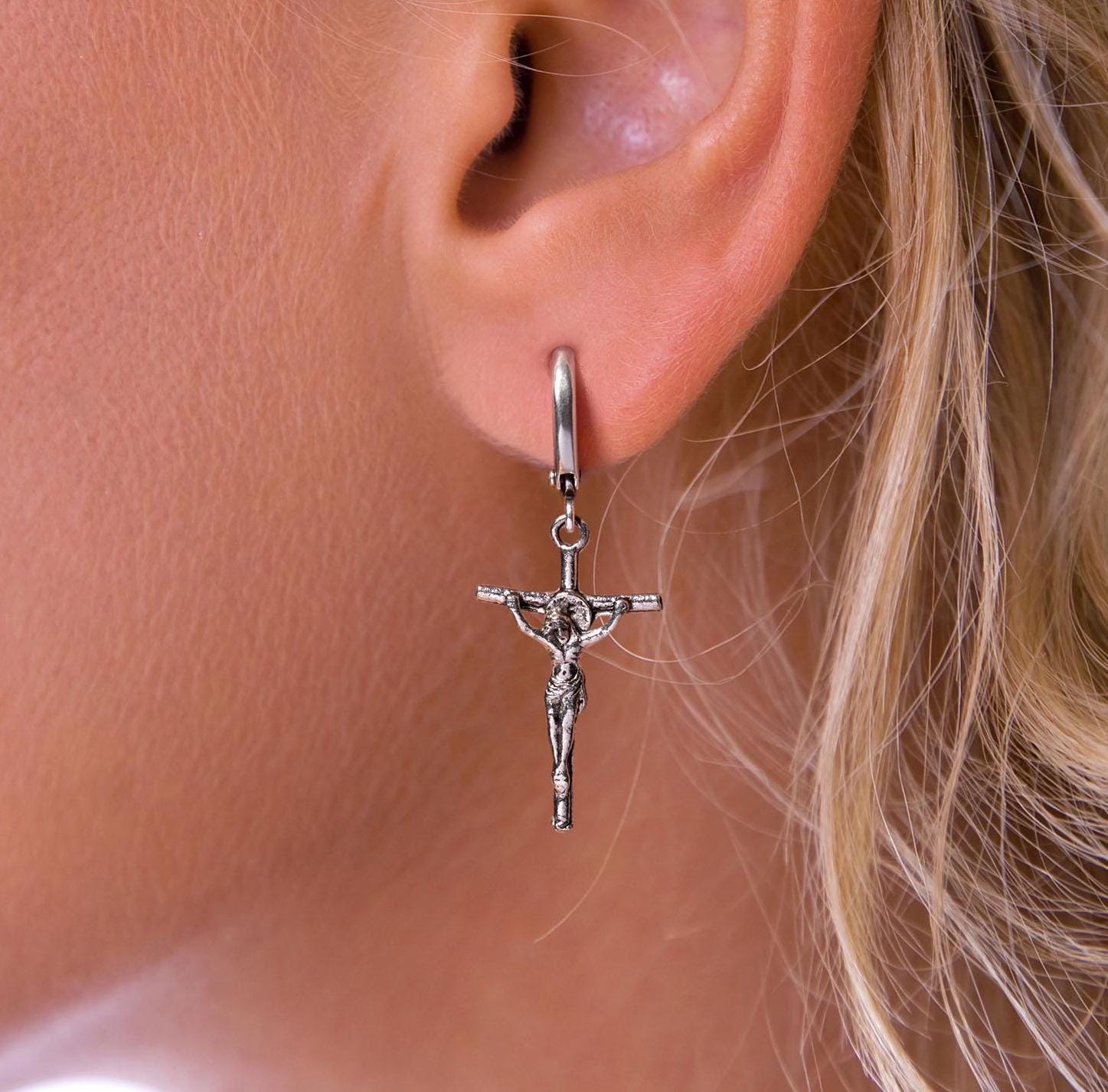Silver Crucifix Earrings, Silver Cross Huggies, Earrings
