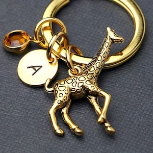 Gold Giraffe Keychain, Keyring, African Animal Keychain, Giraffe Charm Keychain, Initial Keychain, Personalized Birthstone Keychain image 1