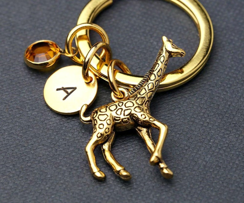 Gold Giraffe Keychain, Keyring, African Animal Keychain, Giraffe Charm Keychain, Initial Keychain, Personalized Birthstone Keychain image 1