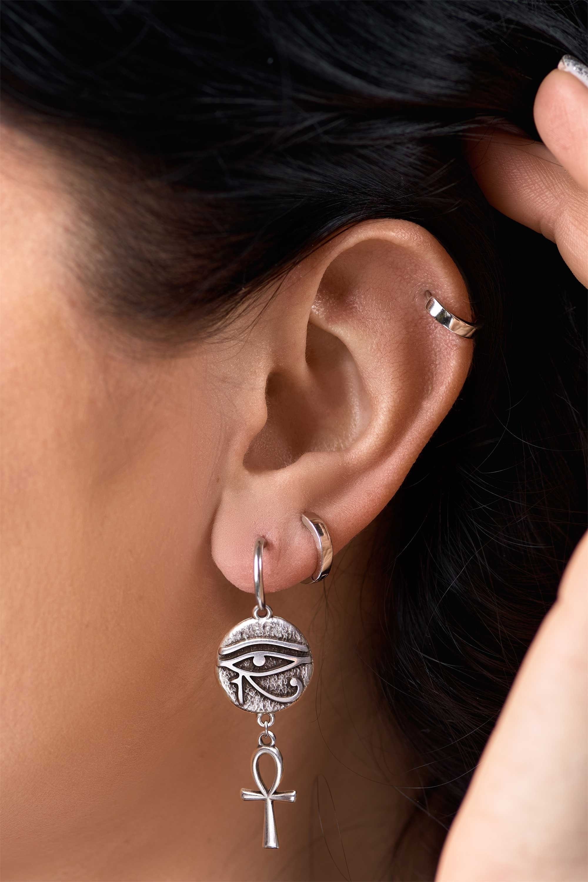 Silver Eye of Horus and Ankh Earrings, Protection Amulet, Egyptian Symbol Jewelry, Pharaoh Ankh, Queen of Egypt Hoops