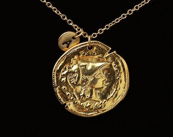 Goddess Athena Necklace, Gold Athena Necklace, Gold Athena Coin, Large Gold Athena Pendant, Replica Greek Coin Personalized Necklace