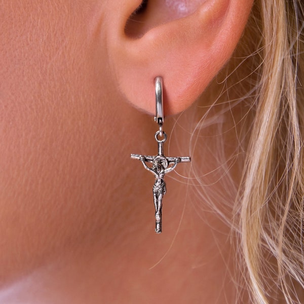 Silver Crucifix Earrings, Silver Cross Huggies, Earrings with Cross, Crucifix Hoop Earrings, Silver Christian Jewelry, Silver Jesus Earrings