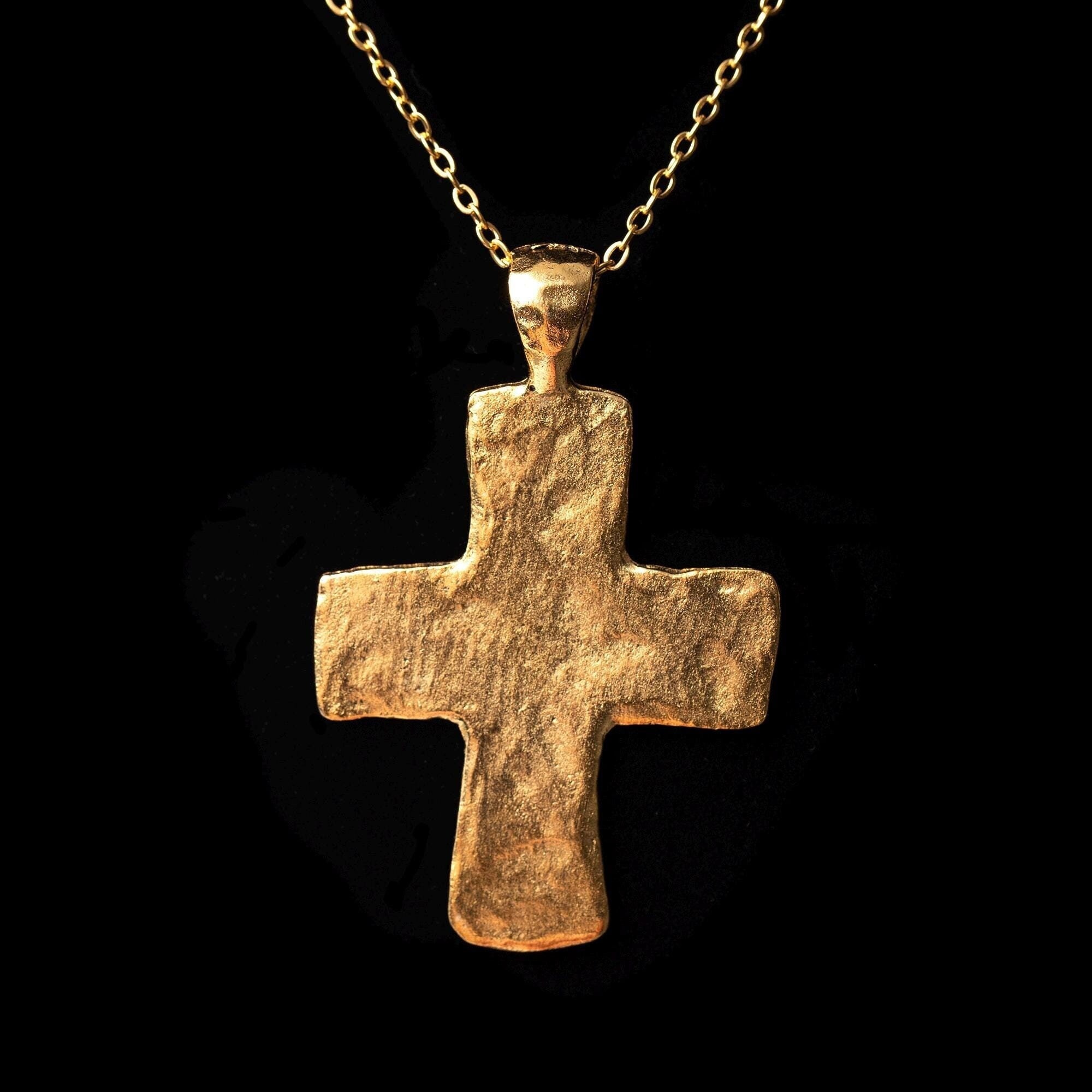 Large Hammered Cross Necklace, Antique Gold Cross Pendant, Ancient Cross Necklace, Christian Necklace, Personalized Initial Necklace