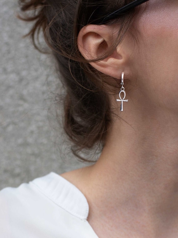 Silver Ankh Earrings, Protection Amulet, Egyptian Cross Symbol Jewelry, Egypt Ankh Hoops
