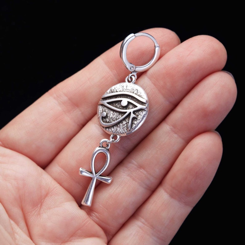 Silverörhängen med Horus öga och Ankh, Skyddsamulett, Smycken med egyptiska symboler, Farao Ankh, Egyptens drottning, Ringar bild 3