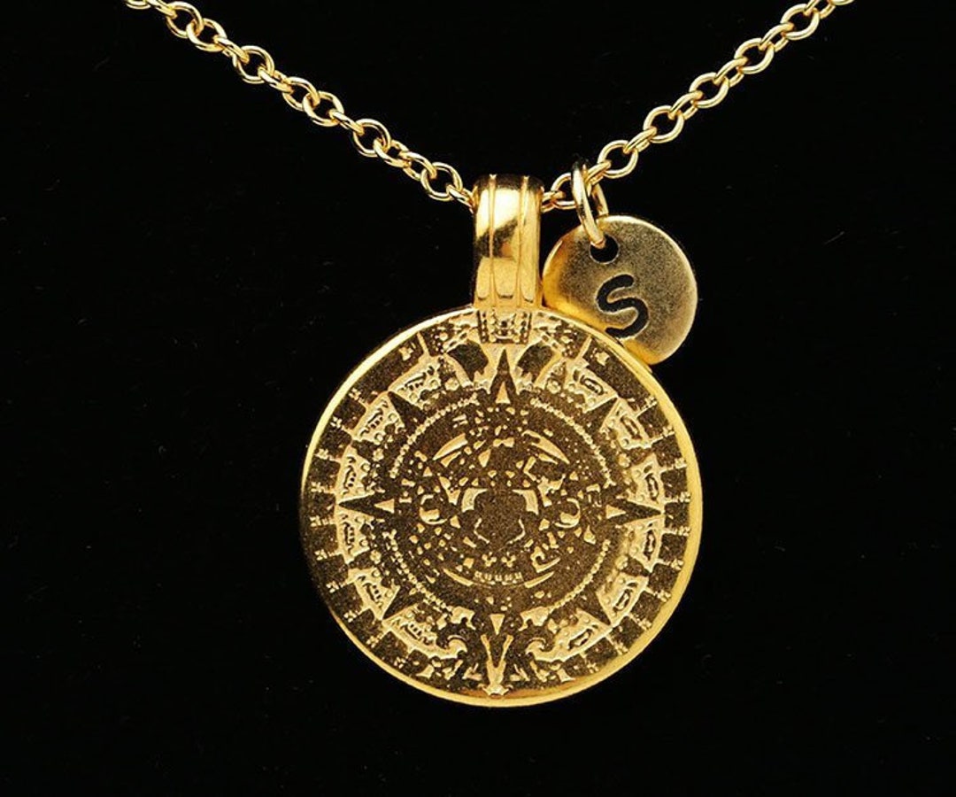 Gold Ancient Aztec Mayan Sun Calendar Diamond Cut Pendant Necklace