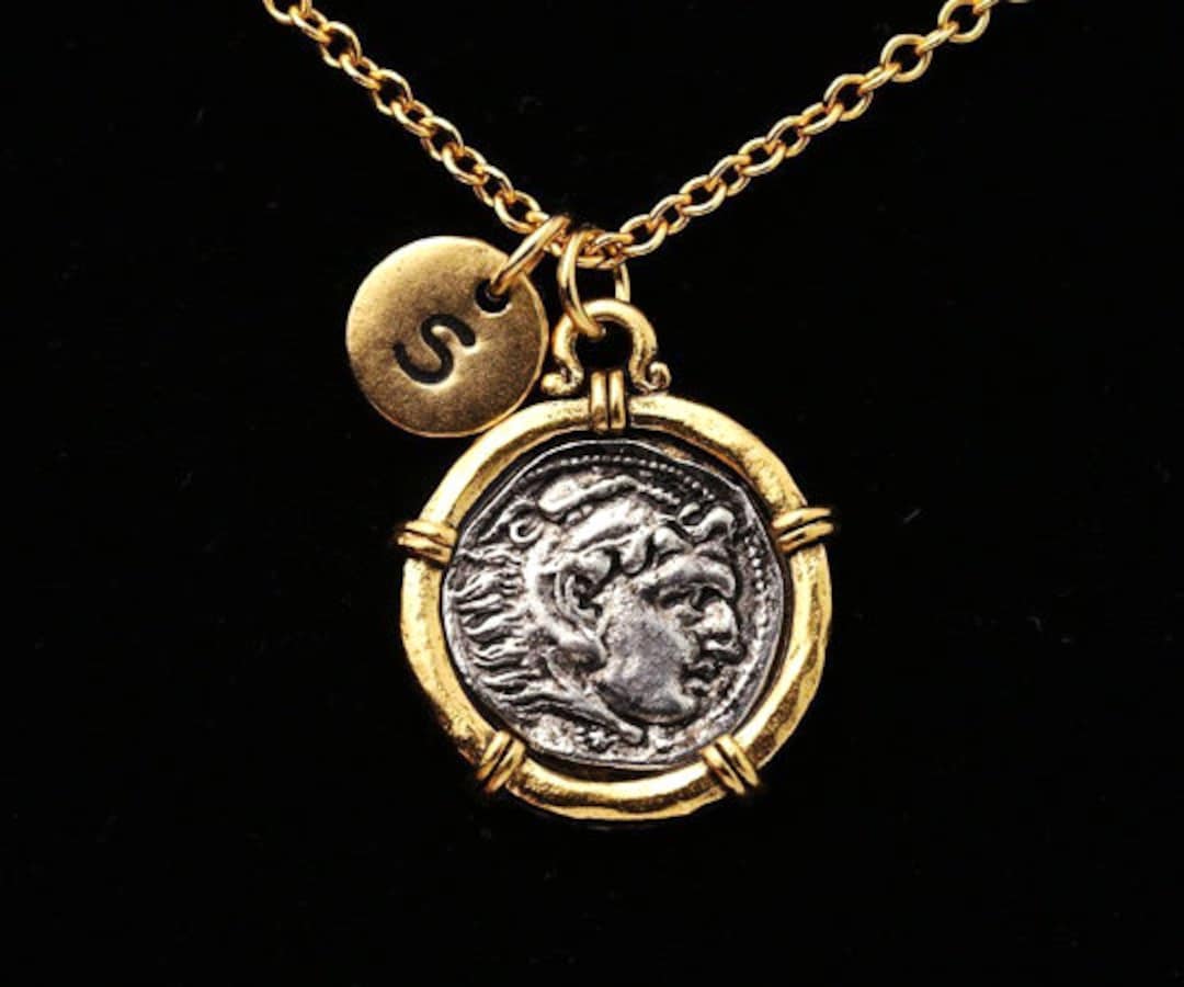 Alexander the Great Necklace, Silver Coin in Gold Bezel 2 Tone Pendant, Replica Coin