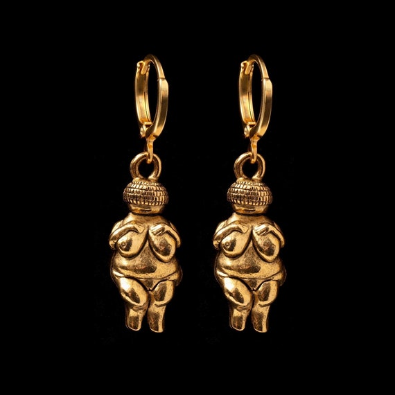 Venus of Willendorf Earrings, Gold Venus Jewelry, Woman of Willendorf, Fertility Goddess Hoops