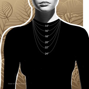 May include: A guide to necklace lengths, showing a model wearing a chain necklace in various lengths from 14 inches to 24 inches.