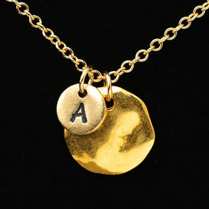 Gold Nugget Necklace, Gold Cornflake Pendant, Wavy Disc Charm Necklace, 24K Gold Plated, Personalized Monogram, Initial Necklace